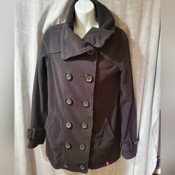 Esprit EDC Y2k Size M FLEECE Double Breasted Pea Coat high button Lapel black - Picture 7 of 15